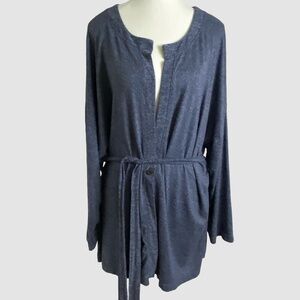 Cuddl Duds Blue/White Soft Stretch Lounge One Button Belted Cardigan-Sz-3XP